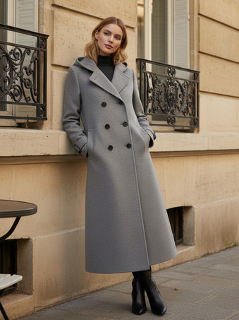 フード付きダブルブレストロングウールコート（袖口タブ付き、レディース）2025年モデル