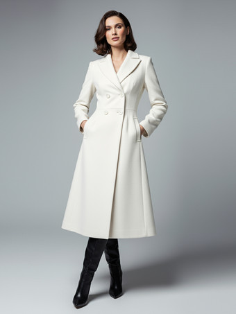 シャープなラペルとXラインが特徴のホワイトウールのダブルブレストミディコート（レディース 2025年モデル）