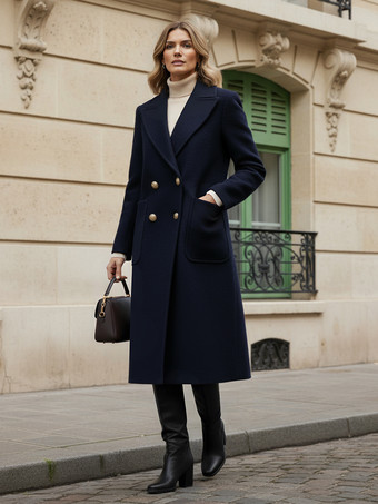 Cappotto midi doppiopetto in lana con bottoni dorati per donna 2025