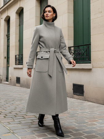 ベルト付きウールスタンドカラーロング冬コート（レディース用、機能的なポケット付き）2025年モデル