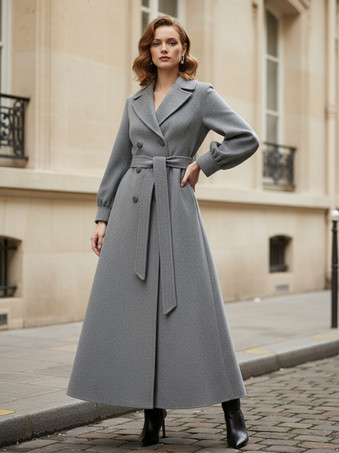 ベルト付きダブルブレストウールフルレングスコート（バルーンスリーブ）レディース 2025