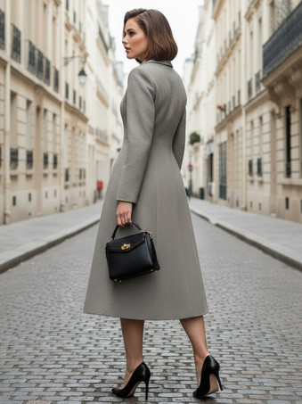 シャツカラーのウールAラインミディコート（レディース）2025