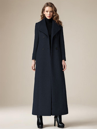 ダークネイビーレディース ウールコート ターンダウンカラー ダブルブレスト フルレングス レトロ ラップコート 冬アウター 2025