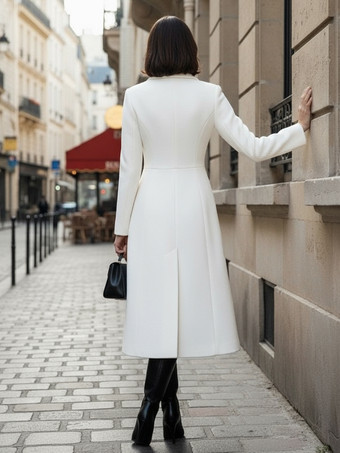 シャープなラペルとXラインが特徴のホワイトウールのダブルブレストミディコート（レディース 2025年モデル）
