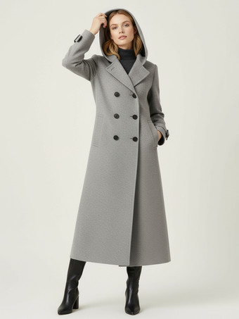 フード付きダブルブレストロングウールコート（袖口タブ付き、レディース）2025年モデル