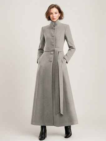 グレイウール混紡ロングコート ブラック ベルト付き スタンドカラー 冬 フルレングス アウターウェア レディース 2025