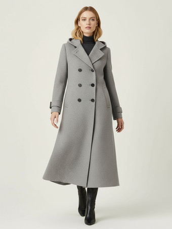 フード付きダブルブレストロングウールコート（袖口タブ付き、レディース）2025年モデル