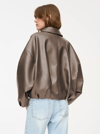 2025年秋冬 ベルト付きオーバーサイズフェイクレザーボンバージャケット