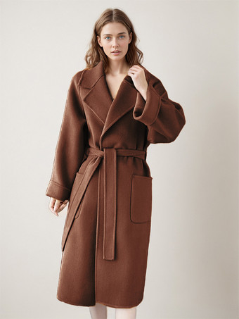 アンバーウールラップコート レディース クラシックラペル ビッグポケット ベルト付き 無地 冬アウター 2025