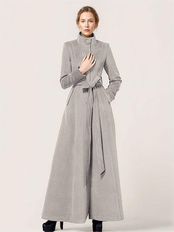 グレイロングウールブレンドコート スタンドカラー ベルト付き 暖かい クラシック フルレングス 冬アウター レディース 2025