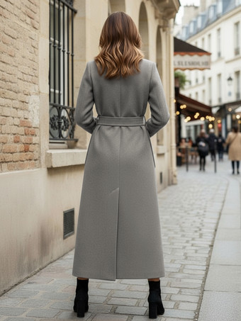 Cappotto lungo in lana con cintura e revers a lancia per donna 2025