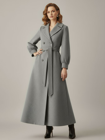 ベルト付きダブルブレストウールフルレングスコート（バルーンスリーブ）レディース 2025
