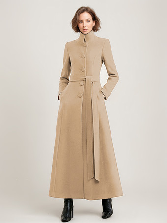 ラクダ色 ウール混紡ロングコート ブラック ベルト付き スタンドカラー 冬 フルレングス アウターウェア レディース 2025