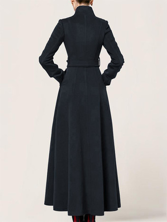 ロングウールブレンドコート スタンドカラー ベルト付き 暖かい クラシック フルレングス 冬アウター レディース 2025