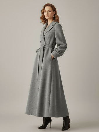 ベルト付きダブルブレストウールフルレングスコート（バルーンスリーブ）レディース 2025