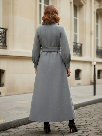 ベルト付きダブルブレストウールフルレングスコート（バルーンスリーブ）レディース 2025