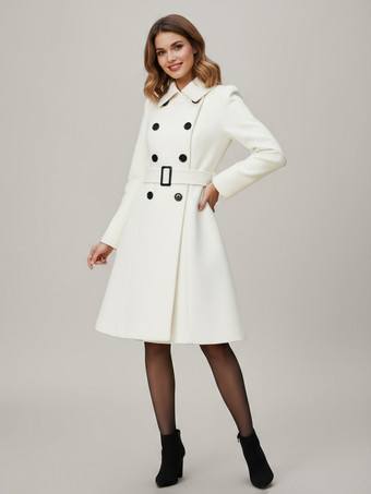 Abrigo midi de lana cruzado con cinturón en blanco para mujer 2025