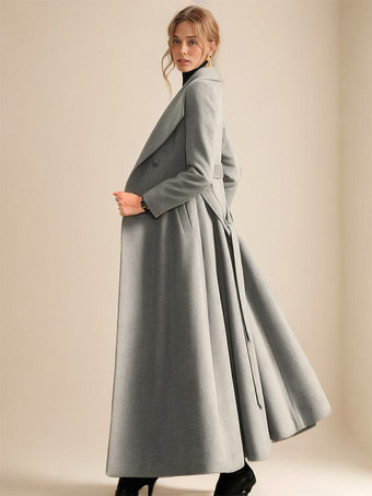 Manteau long en laine mélangée pour femme grand revers vintage croisé ligne A pleine longueur vêtements d'extérieur d'hiver 2025