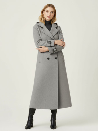 フード付きダブルブレストロングウールコート（袖口タブ付き、レディース）2025年モデル