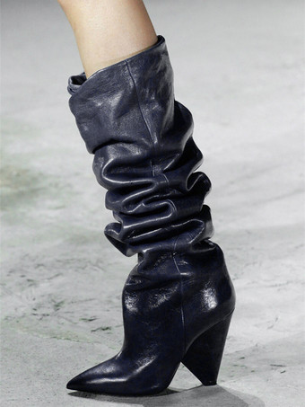 ティールレディース スラウチブーツ ニーハイ ポインテッドトゥ デザインヒールブーツ