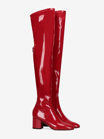 オーバーザニーブーツ レッド レディース オーバーザニーブーツ パテントPUアッパー パピーヒール