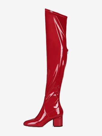 レッド オーバーザニーブーツ レッド レディース オーバーザニーブーツ パテントPUアッパー パピーヒール