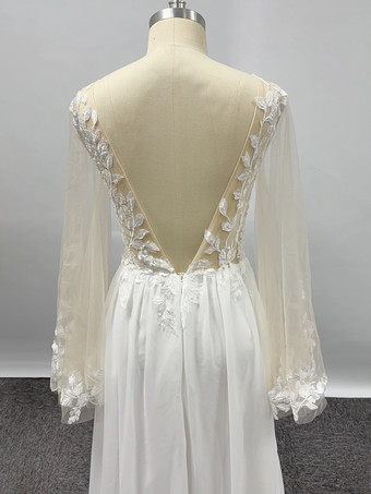 ボヘミアン ウェディングドレス シフォン レース ボールガウン フロアレングス ナチュラルウエスト ジッパー 長袖 Vネック アイボリー