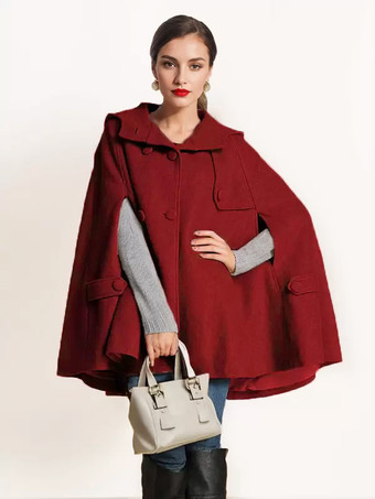 ワインレッド キャメル フード付きウールケープコート レディース オーバーサイズ ポンチョ 冬アウター 2025