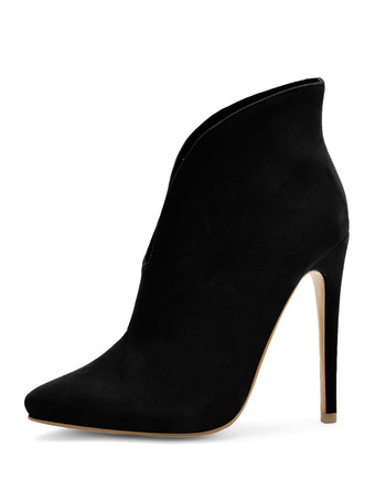 ショートブーツ ポインテッドトゥ ブーティ ピンヒール 10.5cm マイクロスエード 無地 シューズ レディース シック＆モダン ブラック