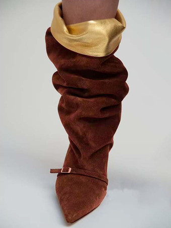 スエードニーハイブーツ、ポインテッドトゥ、バックルディテール、ミッドヒール、膝丈ブーツ