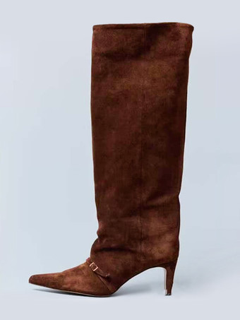 スエードニーハイブーツ、ポインテッドトゥ、バックルディテール、ミッドヒール、膝丈ブーツ