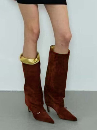 スエードニーハイブーツ、ポインテッドトゥ、バックルディテール、ミッドヒール、膝丈ブーツ