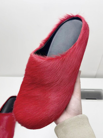Red Women Winter Slippers Faux Fur Hair Round Toe slides