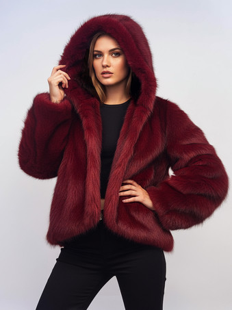 レディース向けバーガンディフード付きフェイクファージャケット 2025