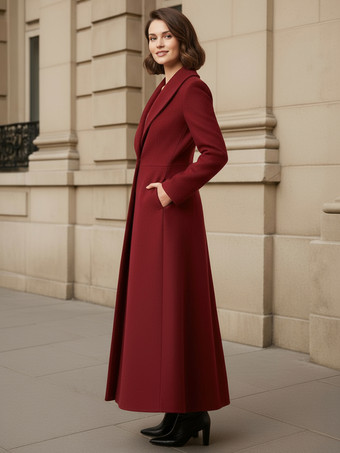 ショールカラーのフルレングスウールコート（Aライン、Vネック、レディース）2025