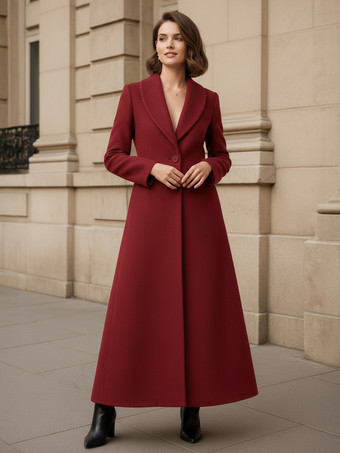 ショールカラーのフルレングスウールコート（Aライン、Vネック、レディース）2025