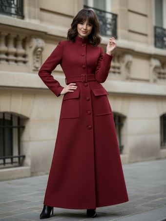 スタンドカラーとフラップポケット付きウールのフルレングスマキシコート（レディース）2025