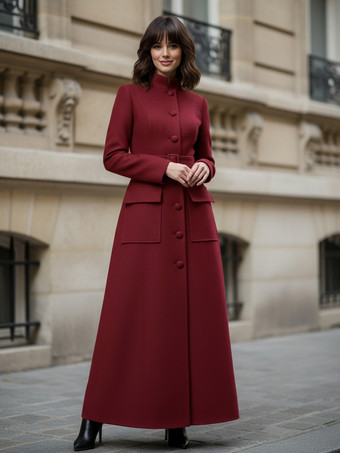 スタンドカラーとフラップポケット付きウールのフルレングスマキシコート（レディース）2025