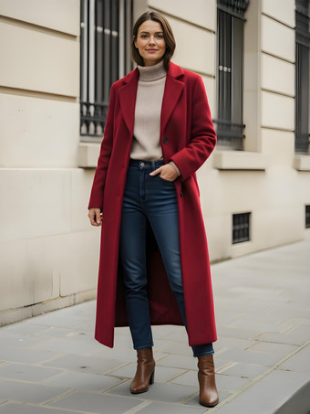 クラシックなノッチラペルのシングルブレストウールロングストレートコート（レディース）2025