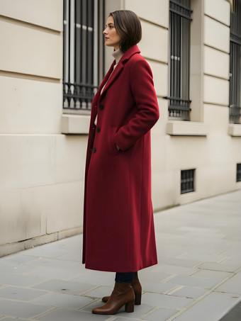 クラシックなノッチラペルのシングルブレストウールロングストレートコート（レディース）2025