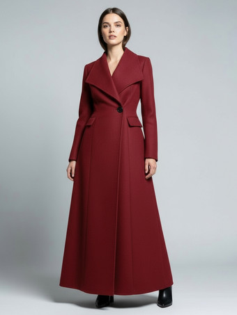 BurgunderrotMaxi-Wollmantel in voller Länge mit breitem Retro-Kragen für Damen 2025