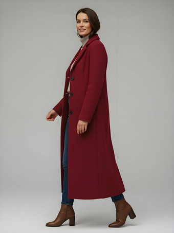 クラシックなノッチラペルのシングルブレストウールロングストレートコート（レディース）2025