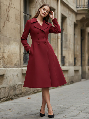 ウール混ダブルブレストミディコート（フレアAラインシルエット）レディース 2025