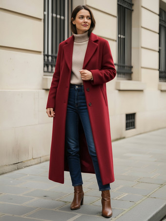 クラシックなノッチラペルのシングルブレストウールロングストレートコート（レディース）2025