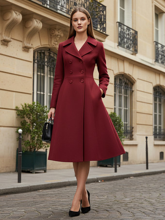 ウール混ダブルブレストミディコート（フレアAラインシルエット）レディース 2025