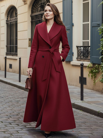 ショールカラーとダブルブレストのウール製ベルト付きマキシコート（レディース 2025年）