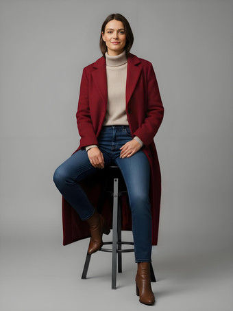 クラシックなノッチラペルのシングルブレストウールロングストレートコート（レディース）2025