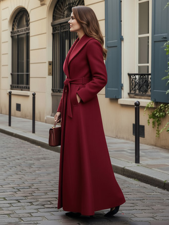 ショールカラーとダブルブレストのウール製ベルト付きマキシコート（レディース 2025年）