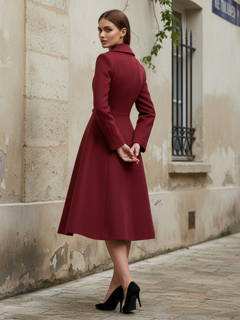 ウール混ダブルブレストミディコート（フレアAラインシルエット）レディース 2025