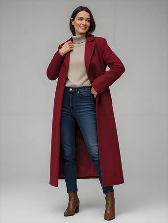 クラシックなノッチラペルのシングルブレストウールロングストレートコート（レディース）2025